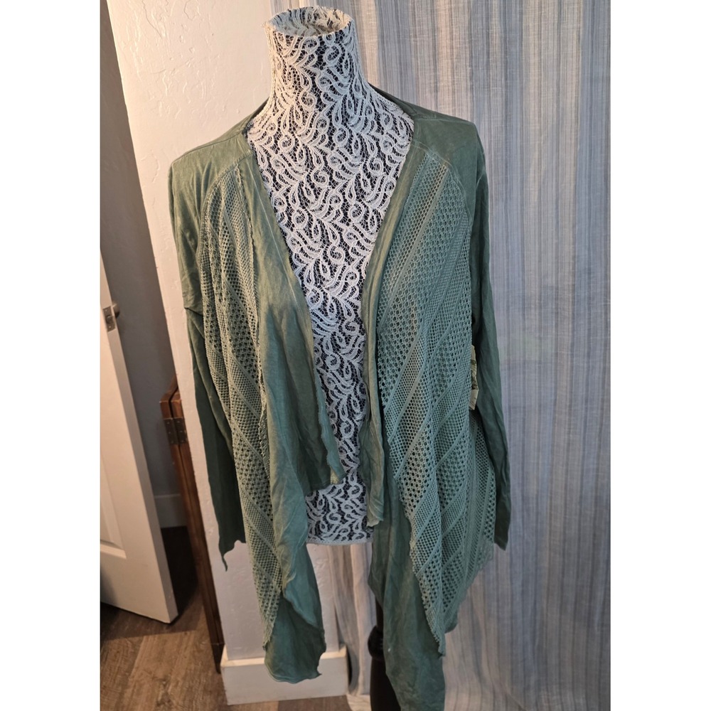 One World Live Let Live Crochet Waterfall Cardigan Womens 2X Green Boho Duster